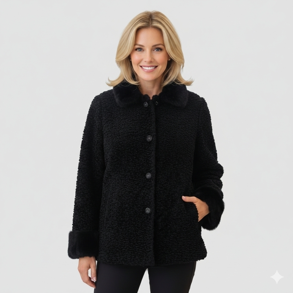 Vintage Luba Black Faux Fur Jacket Women Size L Cozy Retro Classic Coat